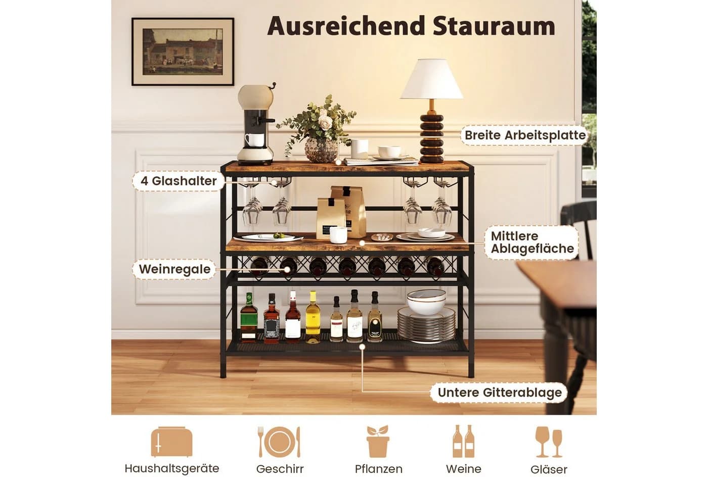 KOMFOTTEU Küchenregal 3 Ebenen für 7 Flaschen mit 4 Glashaltern Braun - Bild 4