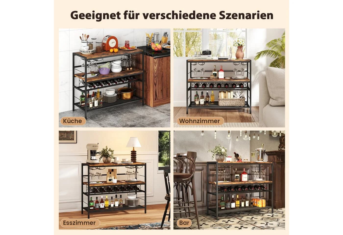 KOMFOTTEU Küchenregal 3 Ebenen für 7 Flaschen mit 4 Glashaltern Braun - Bild 5