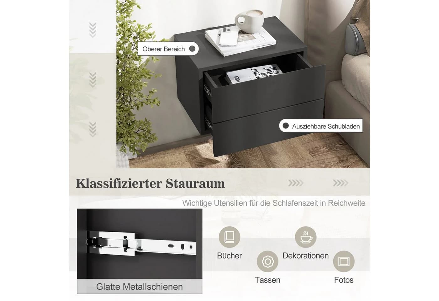 COSTWAY Wandmontierter Nachttisch Grau mit 2 Schubladen - Bild 3