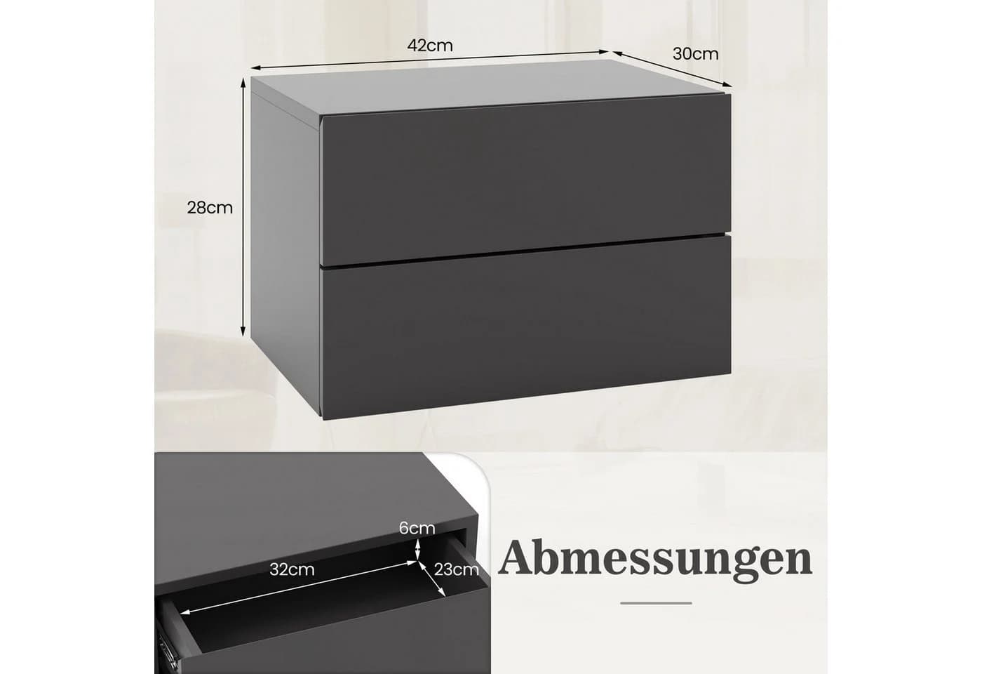 COSTWAY Wandmontierter Nachttisch Grau mit 2 Schubladen - Bild 5