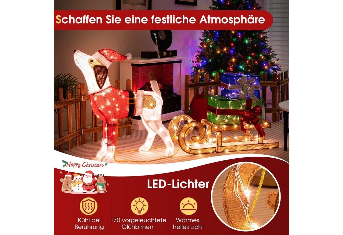 COSTWAY Weihnachtsfigur mit Schlitten & Geschenkboxen, 170 LED-Lichter - Bild 4