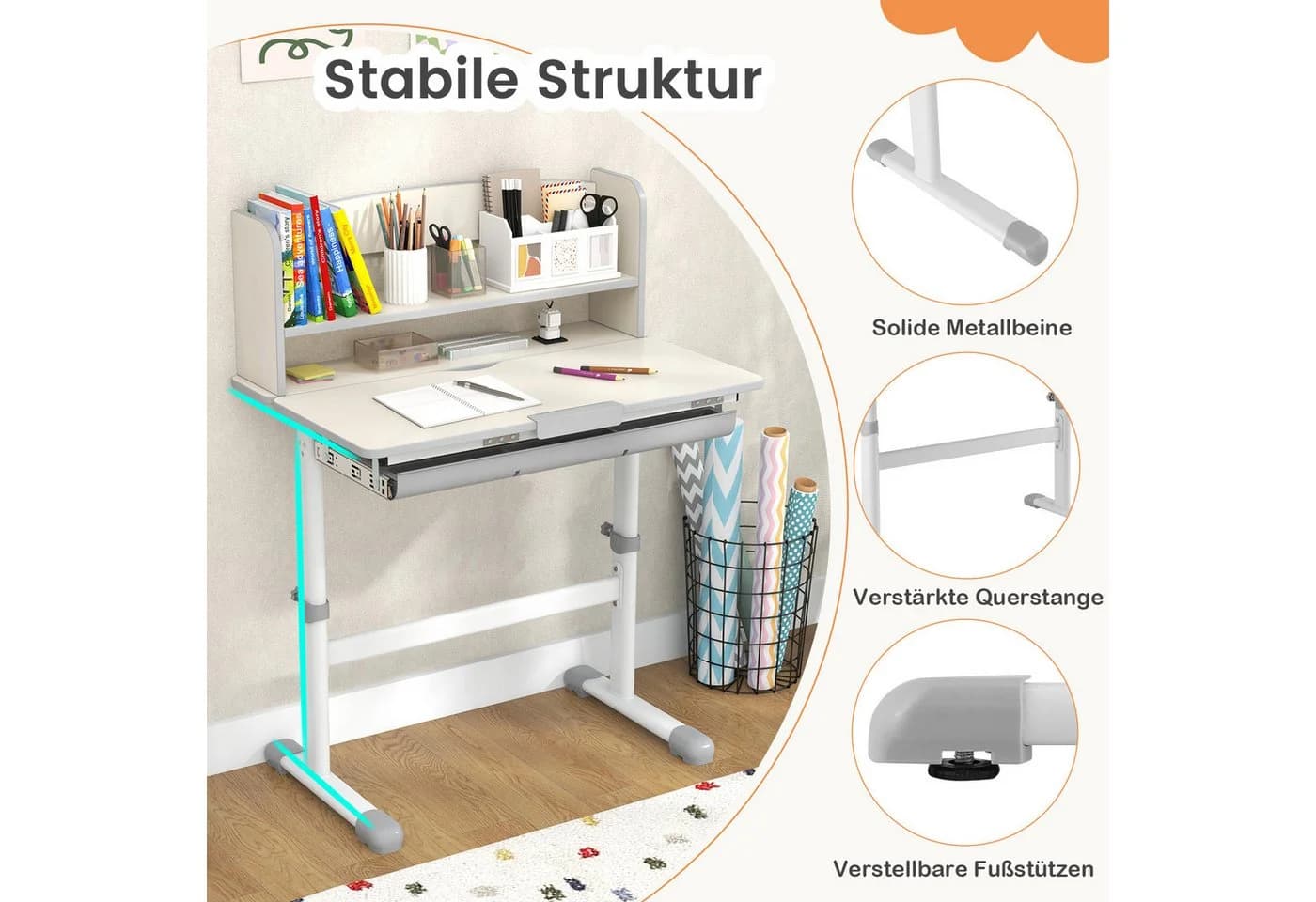 Kinderschreibtisch Modern Weiß/Braun Holz Metall