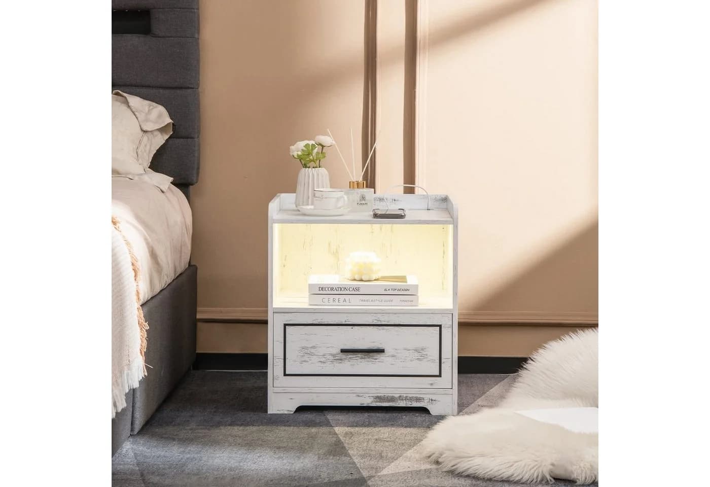COSTWAY Nachttisch LED 3 Farben mit Schublade & USB-Anschluss Holz