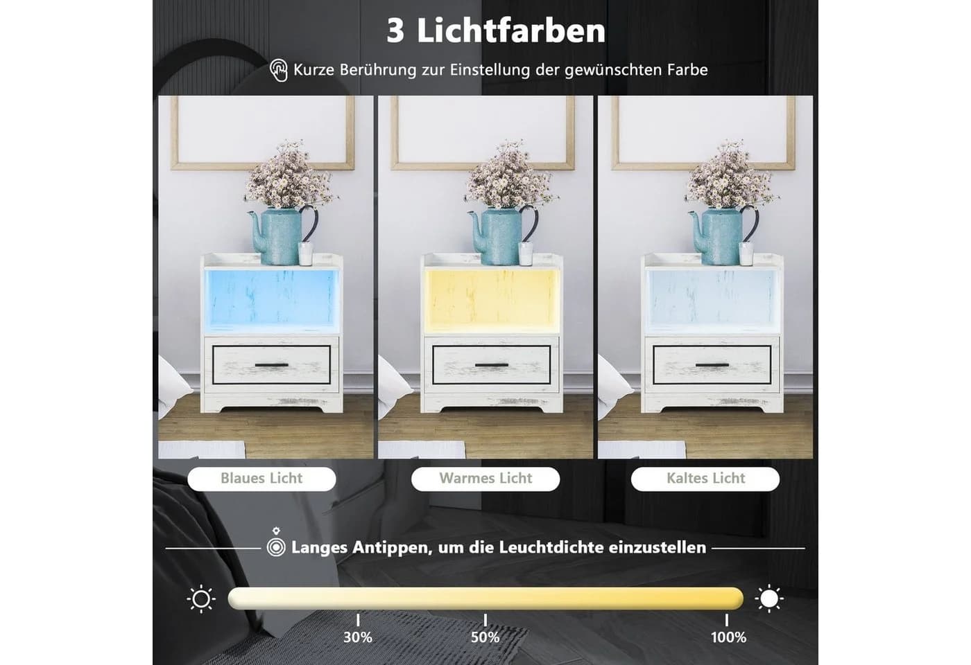 COSTWAY Nachttisch LED 3 Farben mit Schublade & USB-Anschluss Holz - Bild 3