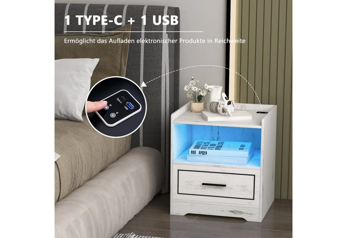 COSTWAY Nachttisch LED 3 Farben mit Schublade & USB-Anschluss Holz - Bild 4