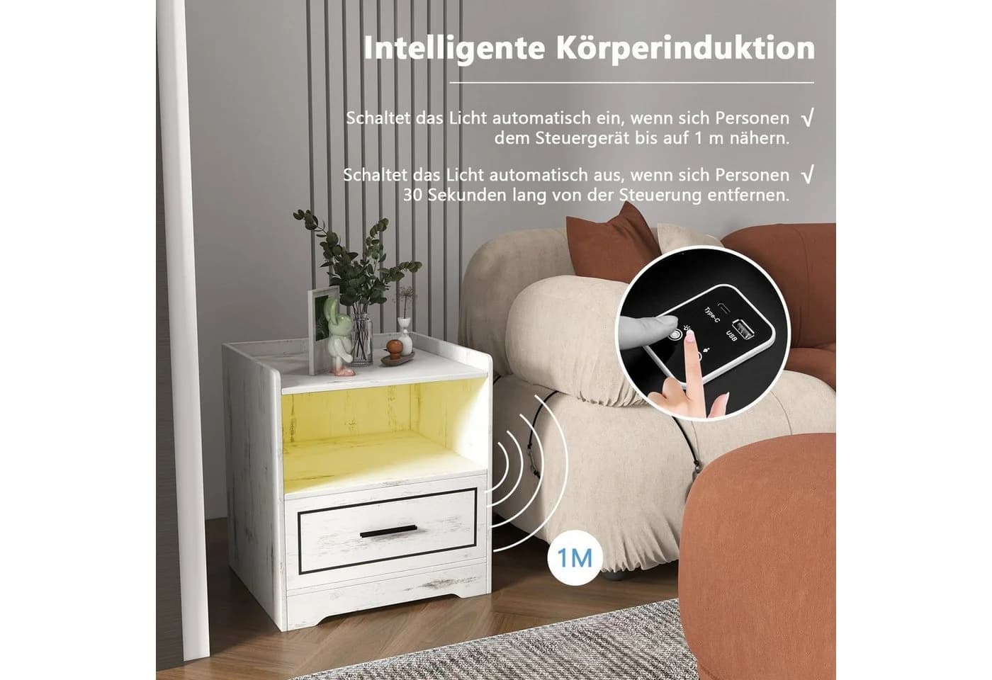 COSTWAY Nachttisch LED 3 Farben mit Schublade & USB-Anschluss Holz - Bild 5