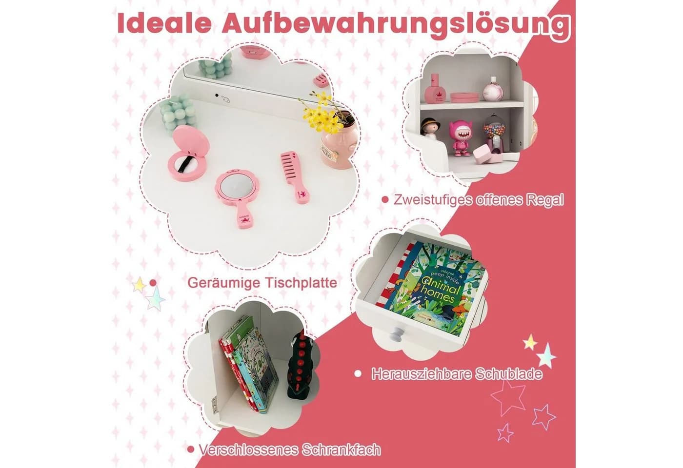 COSTWAY Schminktisch Kidner mit Stuhl & LED Spiegel & Schublade, ab 3 Jahre