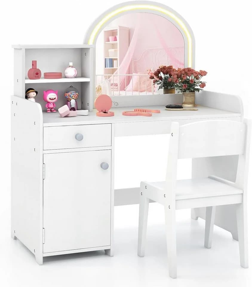 COSTWAY Schminktisch Kidner mit Stuhl & LED Spiegel & Schublade, ab 3 Jahre - Bild 2