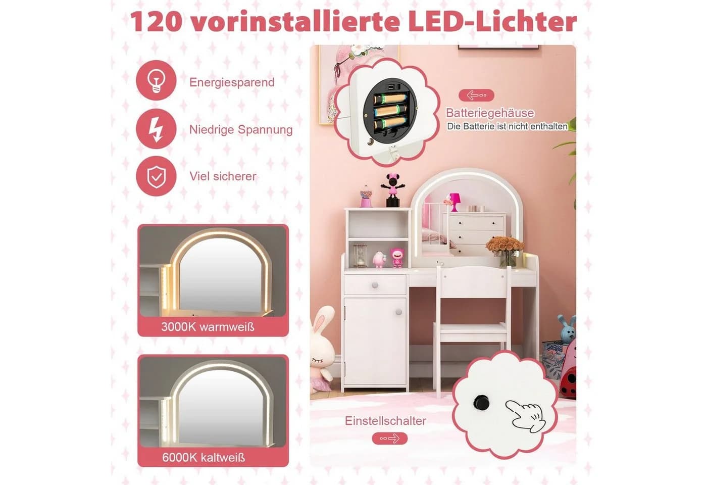 COSTWAY Schminktisch Kidner mit Stuhl & LED Spiegel & Schublade, ab 3 Jahre - Bild 3
