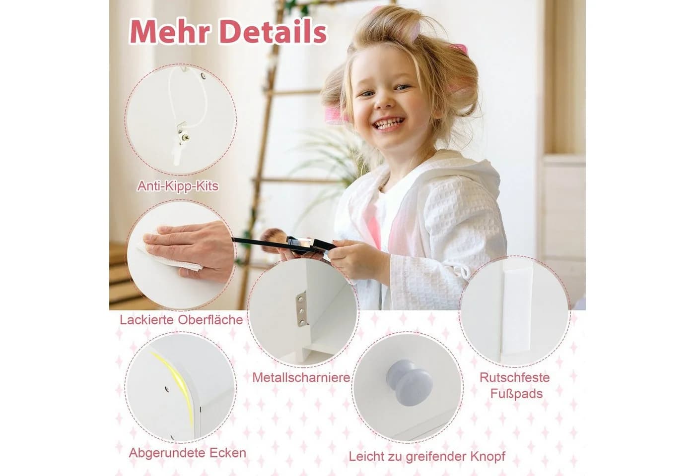 COSTWAY Schminktisch Kidner mit Stuhl & LED Spiegel & Schublade, ab 3 Jahre - Bild 4