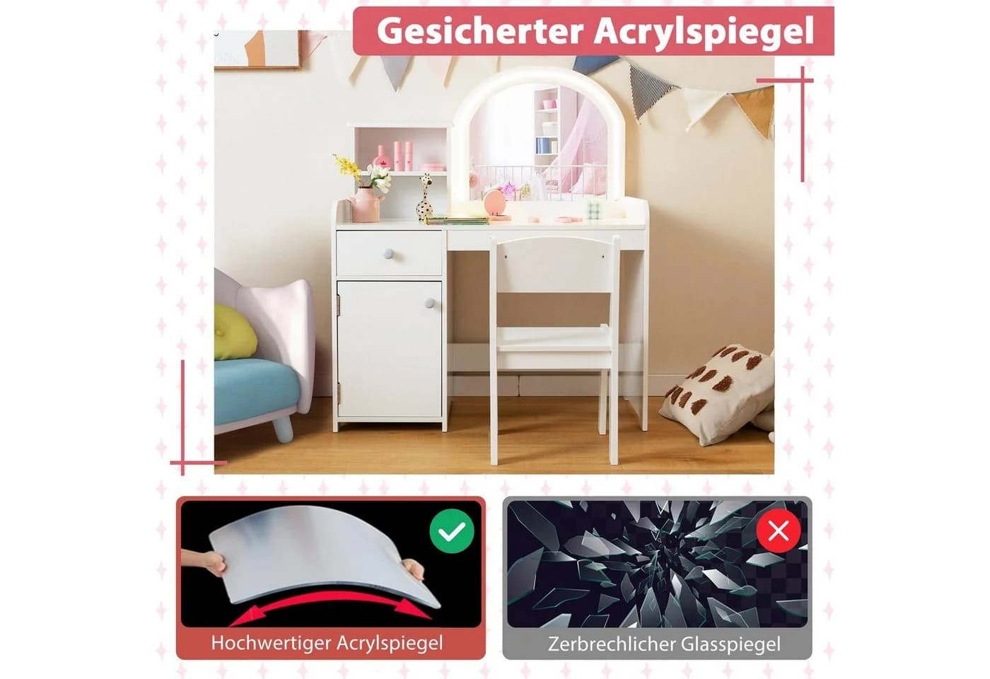 COSTWAY Schminktisch Kidner mit Stuhl & LED Spiegel & Schublade, ab 3 Jahre - Bild 5