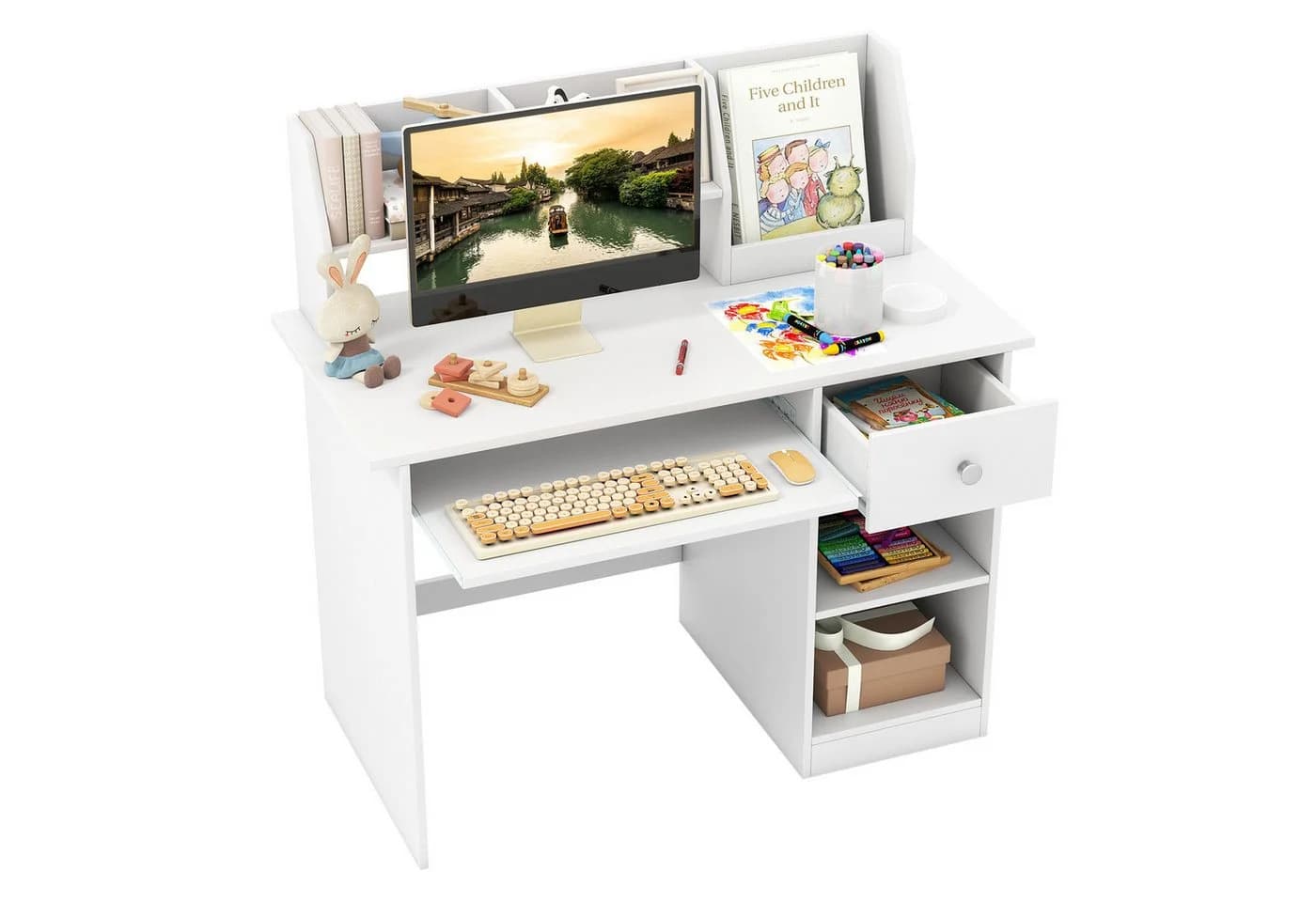 COSTWAY Kinderschreibtisch mit Schublade, Bücherregal & Tastaturablage Weiß - Bild 2