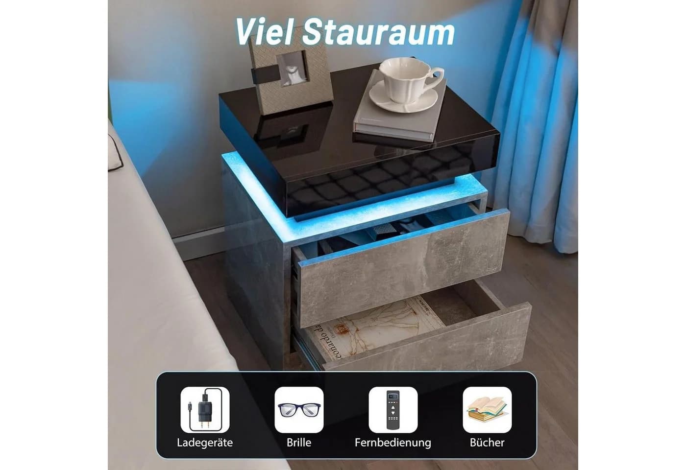 COSTWAY LED-Nachttisch 2-St. Schwarz/Grau mit Fernbedienung - Bild 4