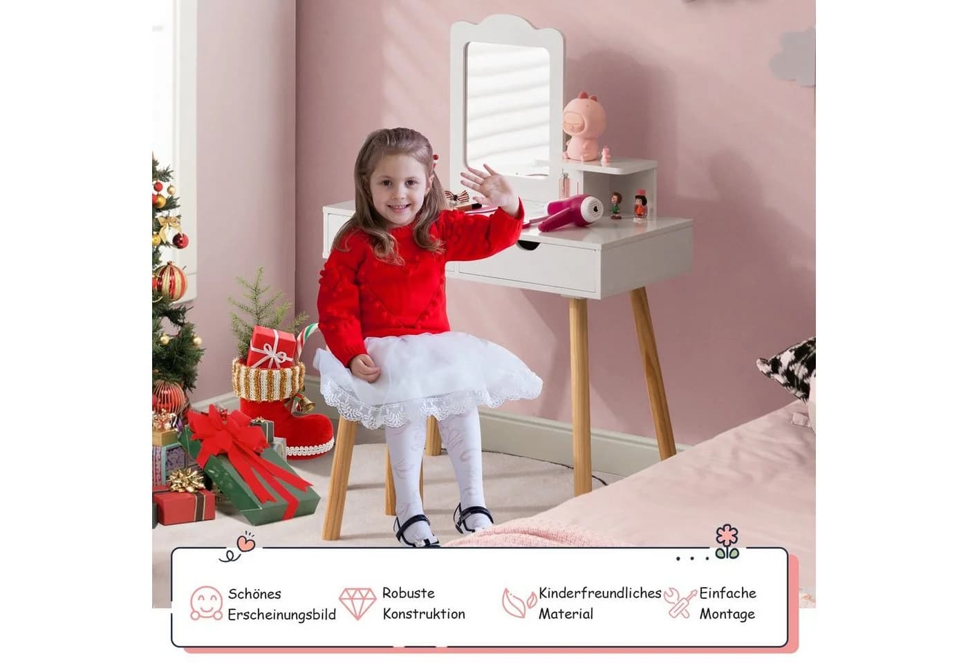 COSTWAY Schminktisch 2 in 1 Kinder Schreibtisch mit Hocker Weiß
