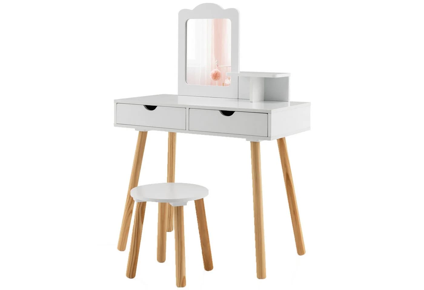 COSTWAY Schminktisch 2 in 1 Kinder Schreibtisch mit Hocker Weiß - Bild 2