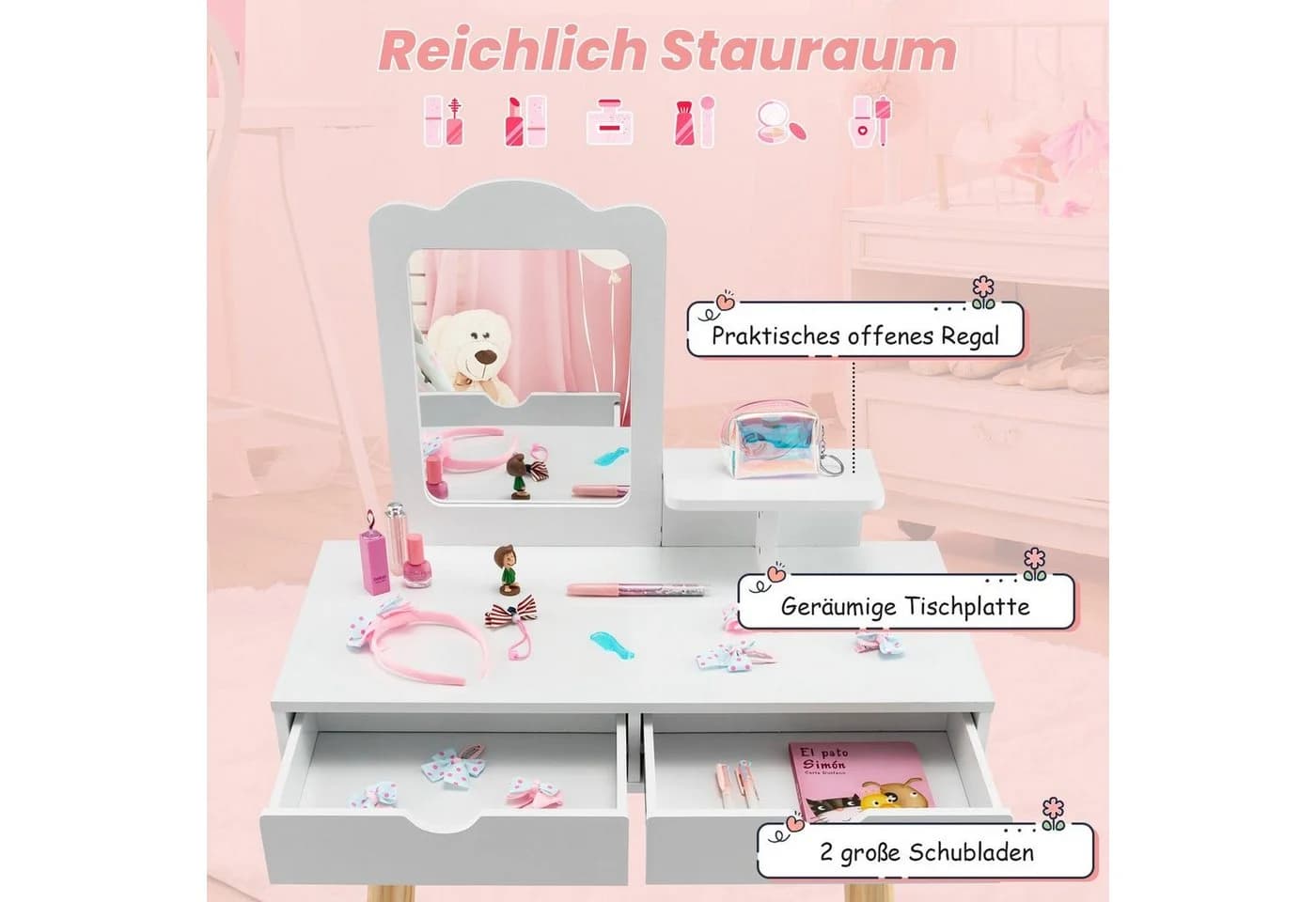 COSTWAY Schminktisch 2 in 1 Kinder Schreibtisch mit Hocker Weiß - Bild 3