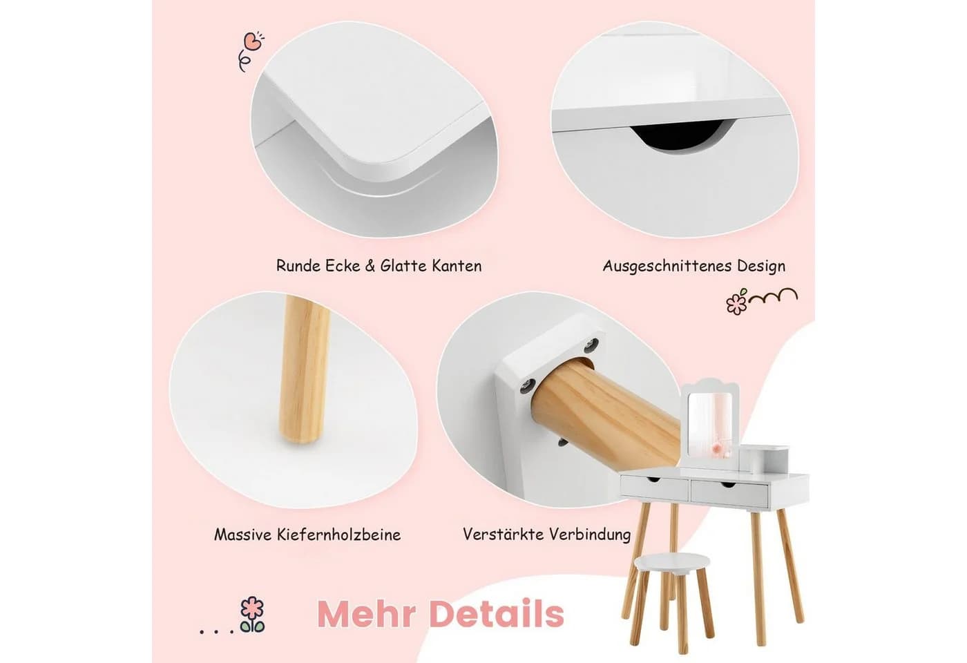 COSTWAY Schminktisch 2 in 1 Kinder Schreibtisch mit Hocker Weiß - Bild 4