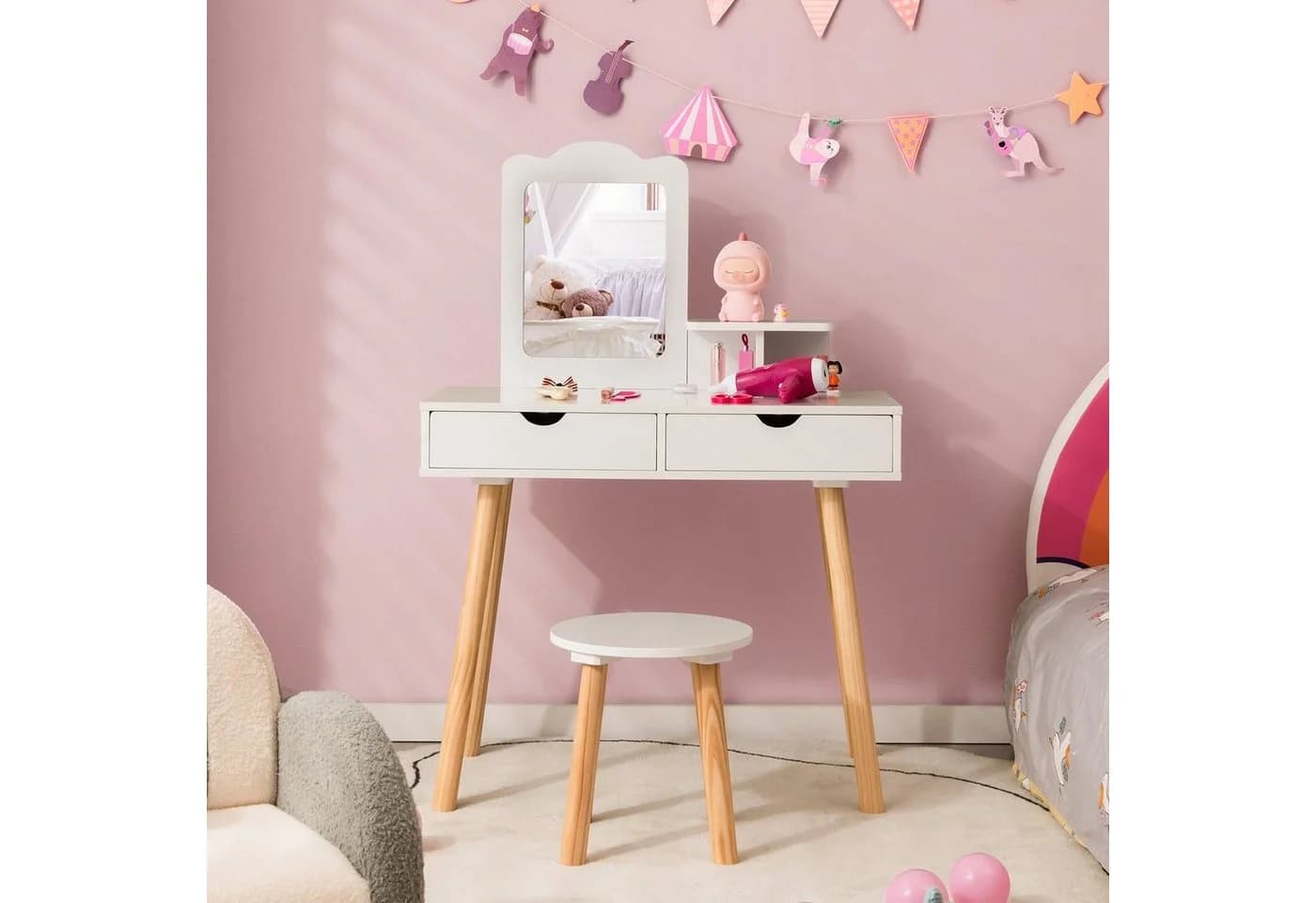 COSTWAY Schminktisch 2 in 1 Kinder Schreibtisch mit Hocker Weiß - Bild 5