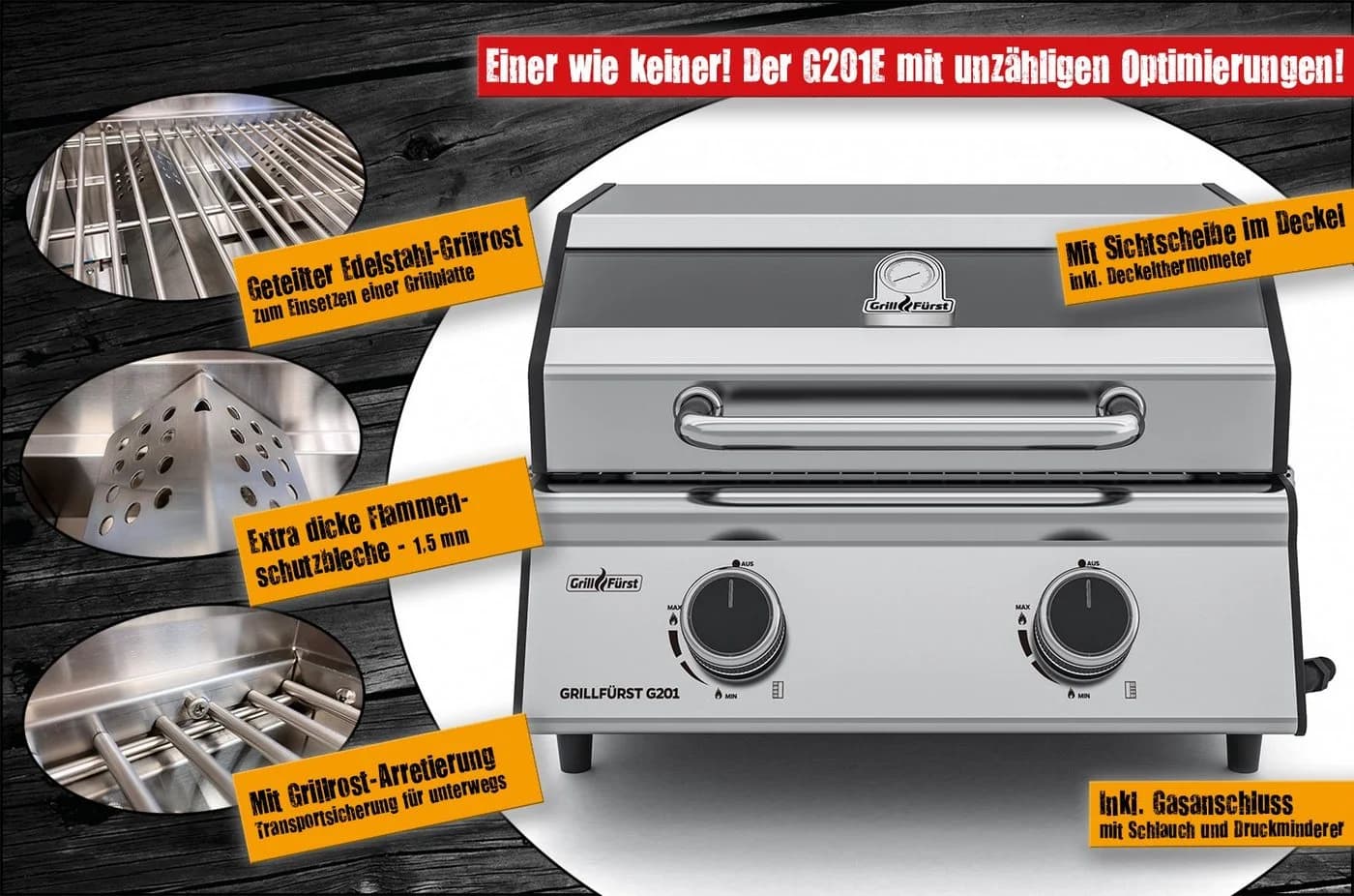 Grillfürst Camping-Gasgrill G201E 2-Brenner Edelstahl mit Sichtscheibe
