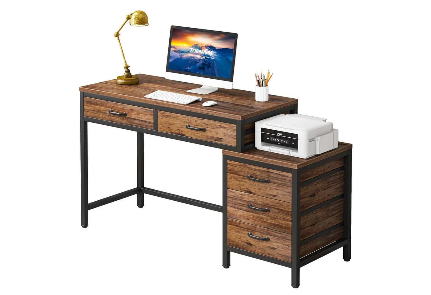 Tribesigns Computertisch mit 5 Schubladen Braun/Schwarz - Bild 2