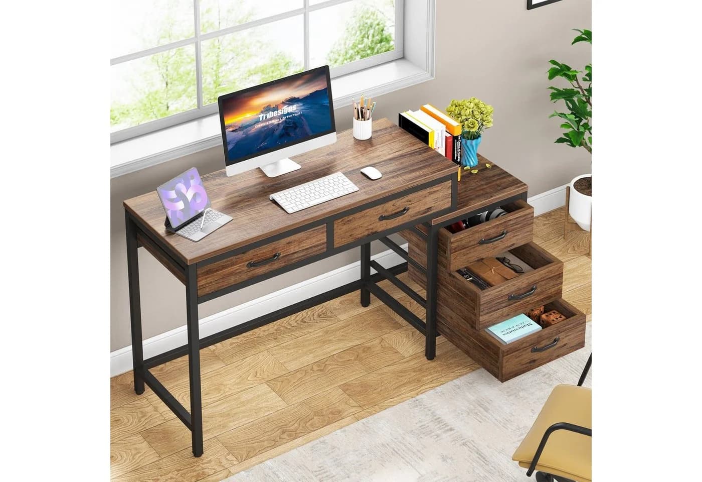 Tribesigns Computertisch mit 5 Schubladen Braun/Schwarz - Bild 5