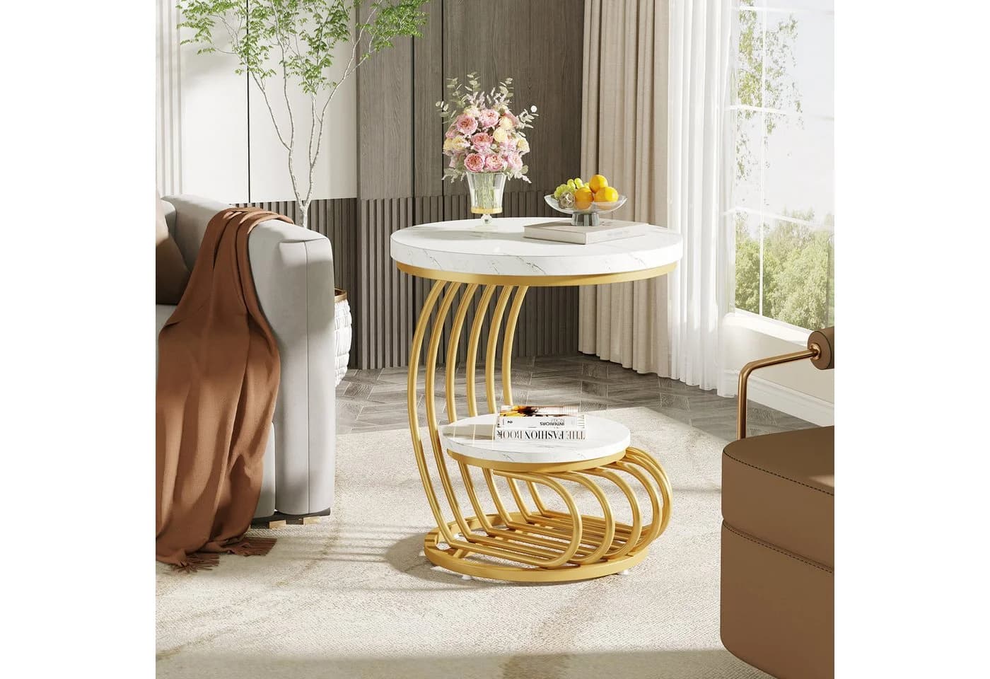 Tribesigns Beistelltisch rund Kunstmarmor 2-stufig Weiß/Gold - Bild 4