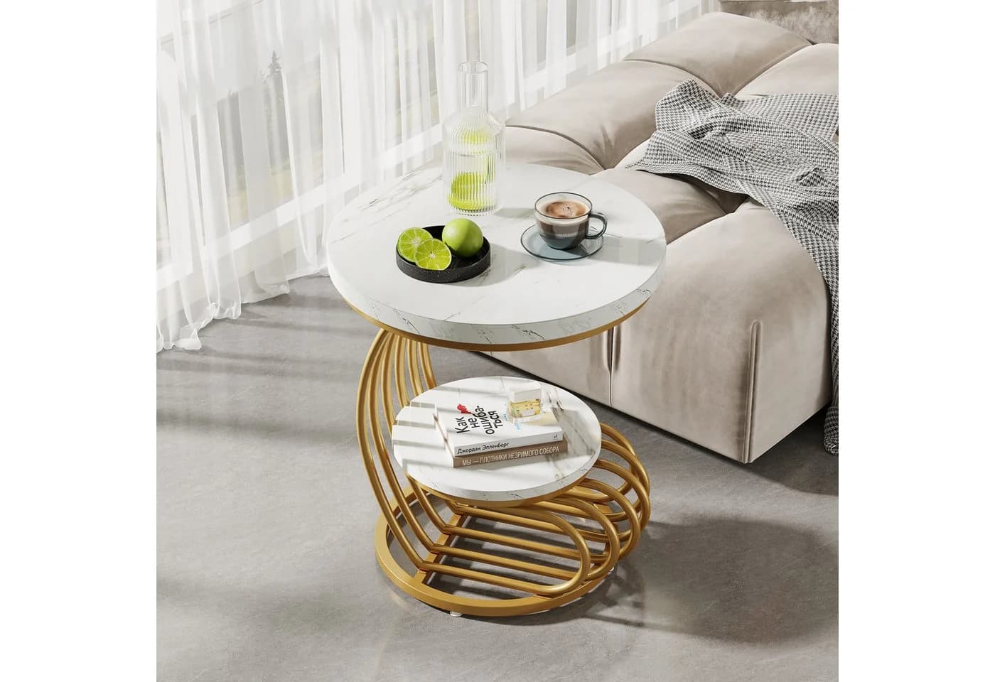Tribesigns Beistelltisch rund Kunstmarmor 2-stufig Weiß/Gold - Bild 5