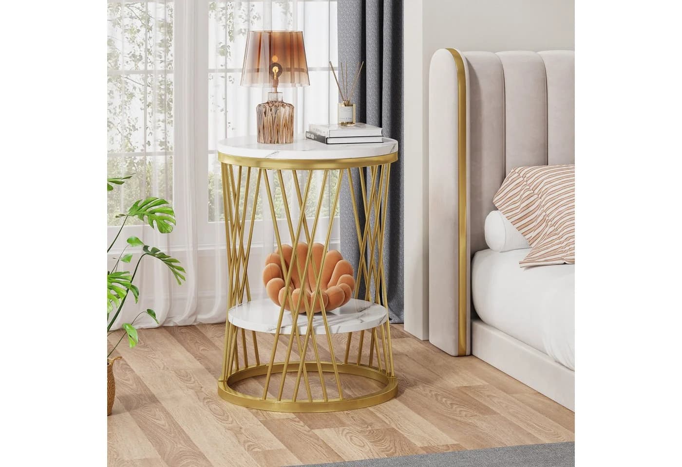 Tribesigns Beistelltisch Runder Couchtisch 45 cm Ø, 60 cm H, Marmorweiß-Helles Gold