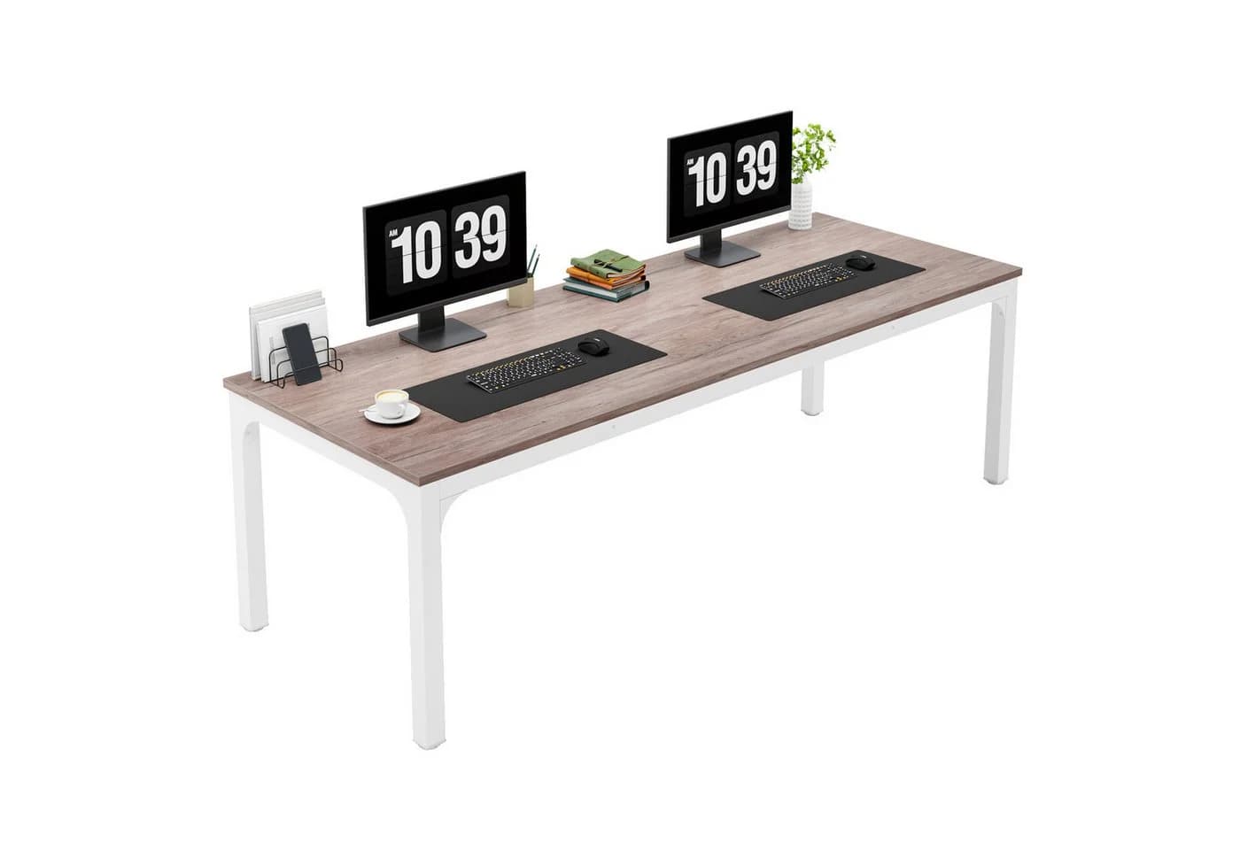 Tribesigns Computertisch 200x70x75cm Doppel-PC-Bürotisch Braun/Weiß - Bild 2