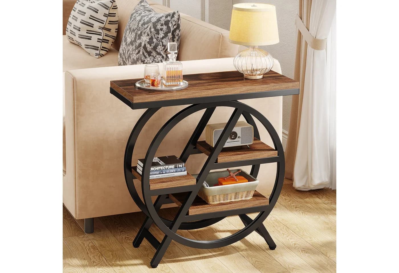 Tribesigns Beistelltisch 65cm Couchtisch mit 3 Ablagen Metallrahmen