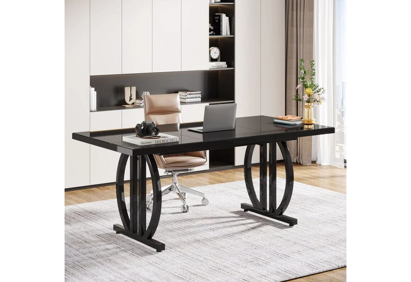 Moderner Schreibtisch aus Metall und Holz in Schwarz