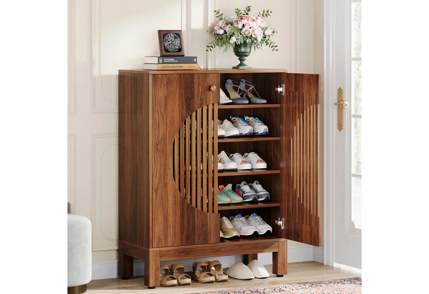 Tribesigns Schuhschrank 5-stöckig Braun mit runden Lamellentüren