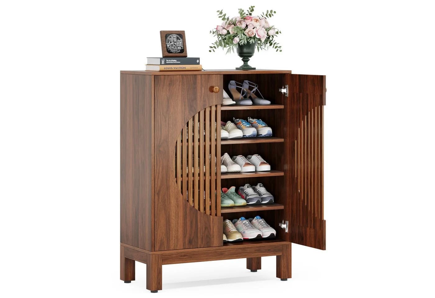 Tribesigns Schuhschrank 5-stöckig Braun mit runden Lamellentüren - Bild 2