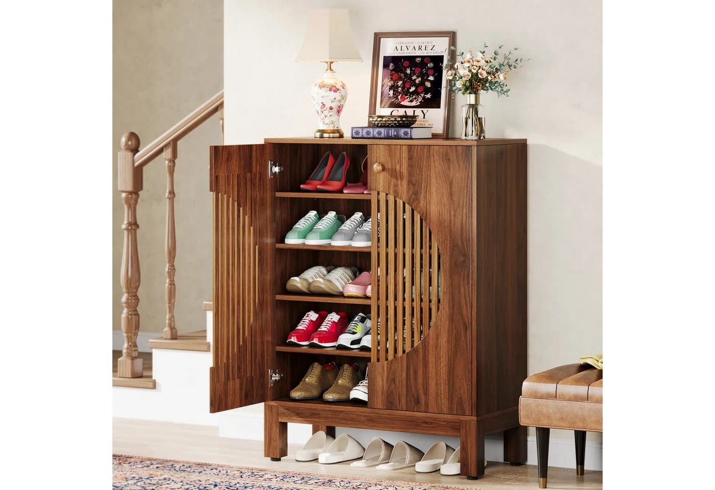 Tribesigns Schuhschrank 5-stöckig Braun mit runden Lamellentüren - Bild 4