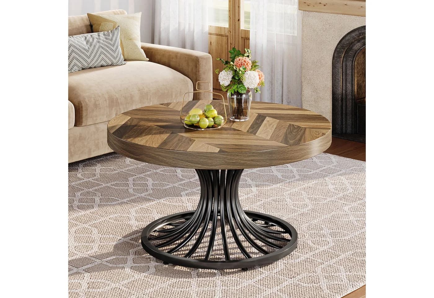 Tribesigns Couchtisch 80 cm Rund Braun Farmhouse - Bild 3