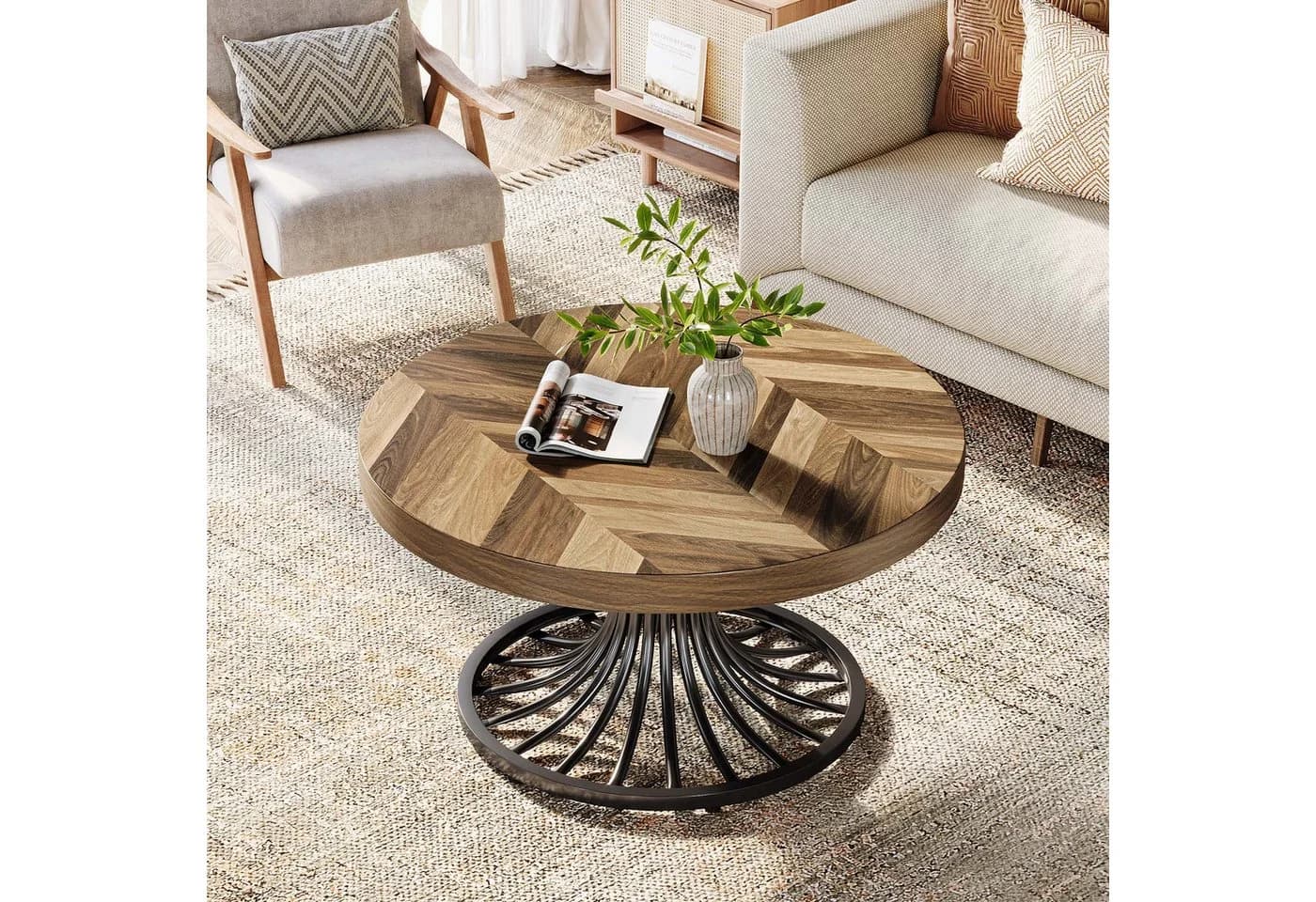 Tribesigns Couchtisch 80 cm Rund Braun Farmhouse - Bild 4