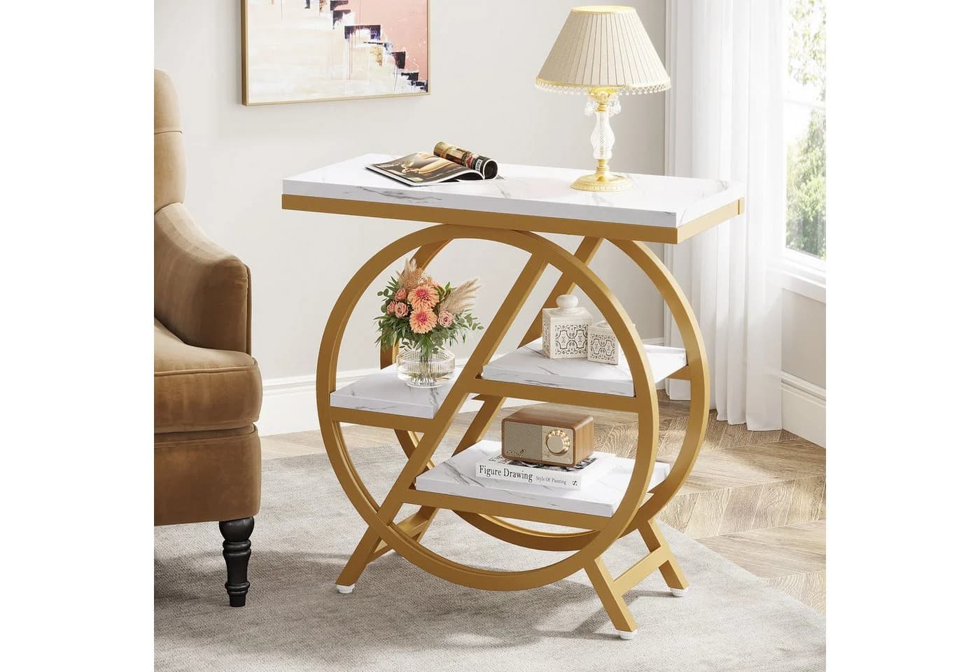 Tribesigns Beistelltisch 65cm Couchtisch mit 3 Ablagen Metallrahmen