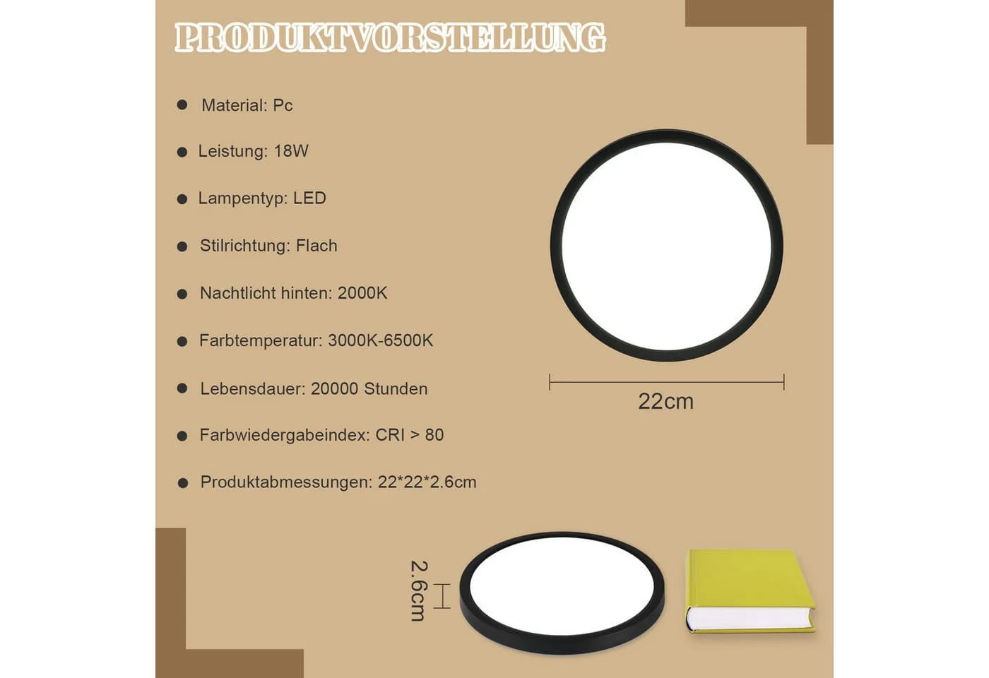 ZMH LED Deckenleuchte 22cm 18W Dimmbar Küchenlampe Schlafzimmer Flur - Bild 3