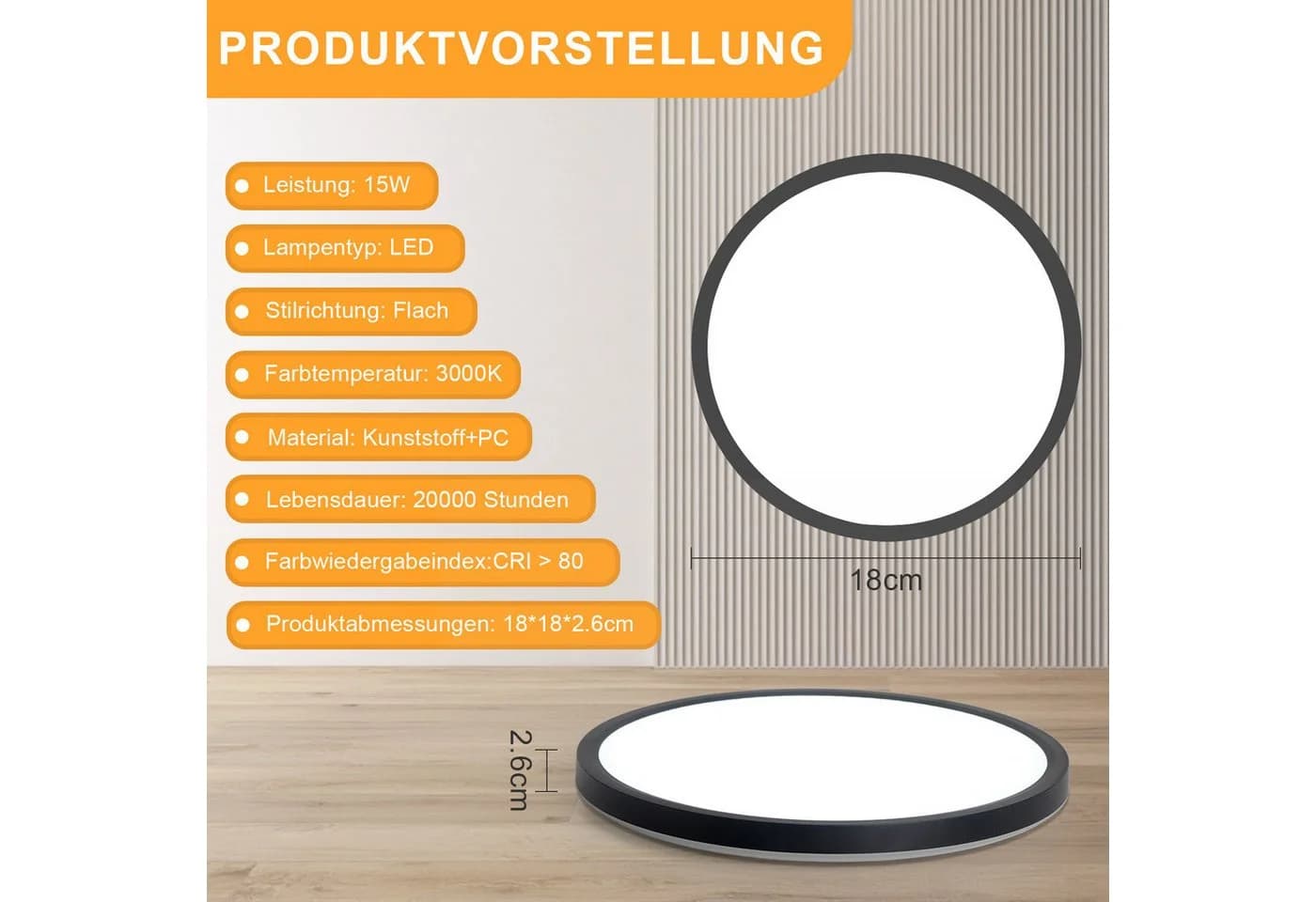 ZMH LED Deckenleuchte 18 cm Schwarz/Weiß 15W Warmweiß - Bild 4