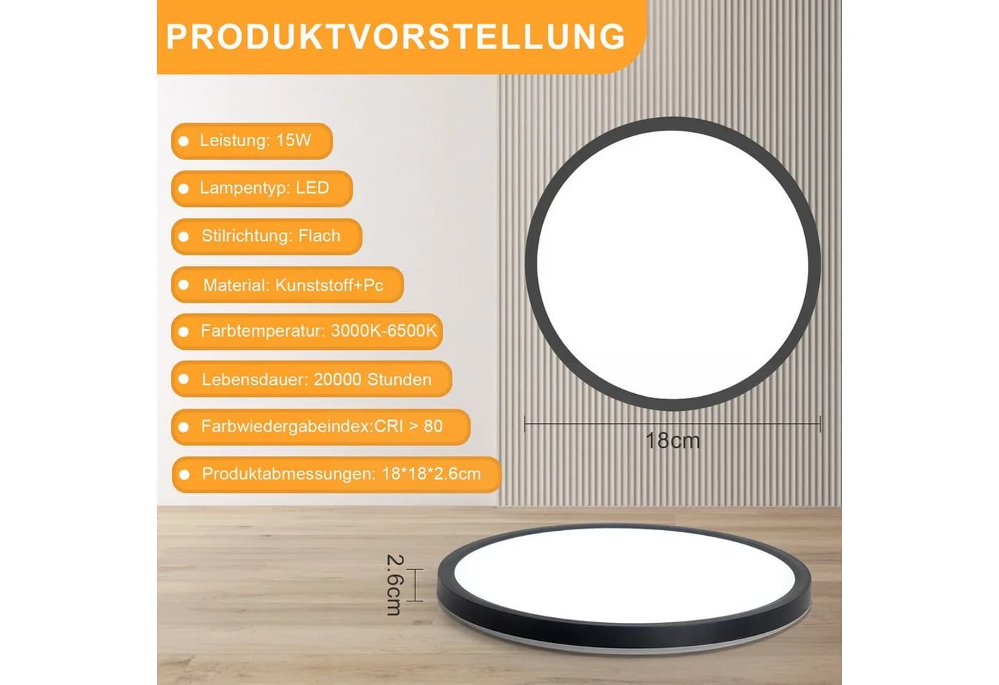 ZMH LED Deckenleuchte Dimmbar Schwarz/Weiß 15W - Bild 3