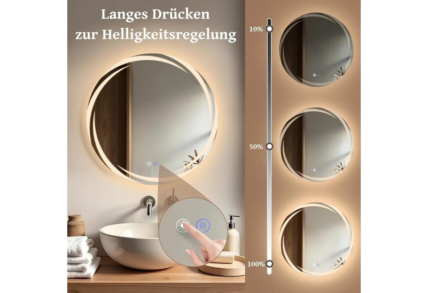 ZMH LED Badspiegel rund mit Beleuchtung, dimmbar, Anti-Beschlag