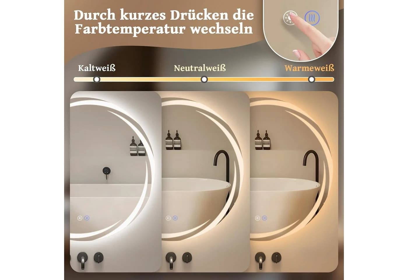 ZMH LED Badspiegel rund mit Beleuchtung, dimmbar, Anti-Beschlag - Bild 3