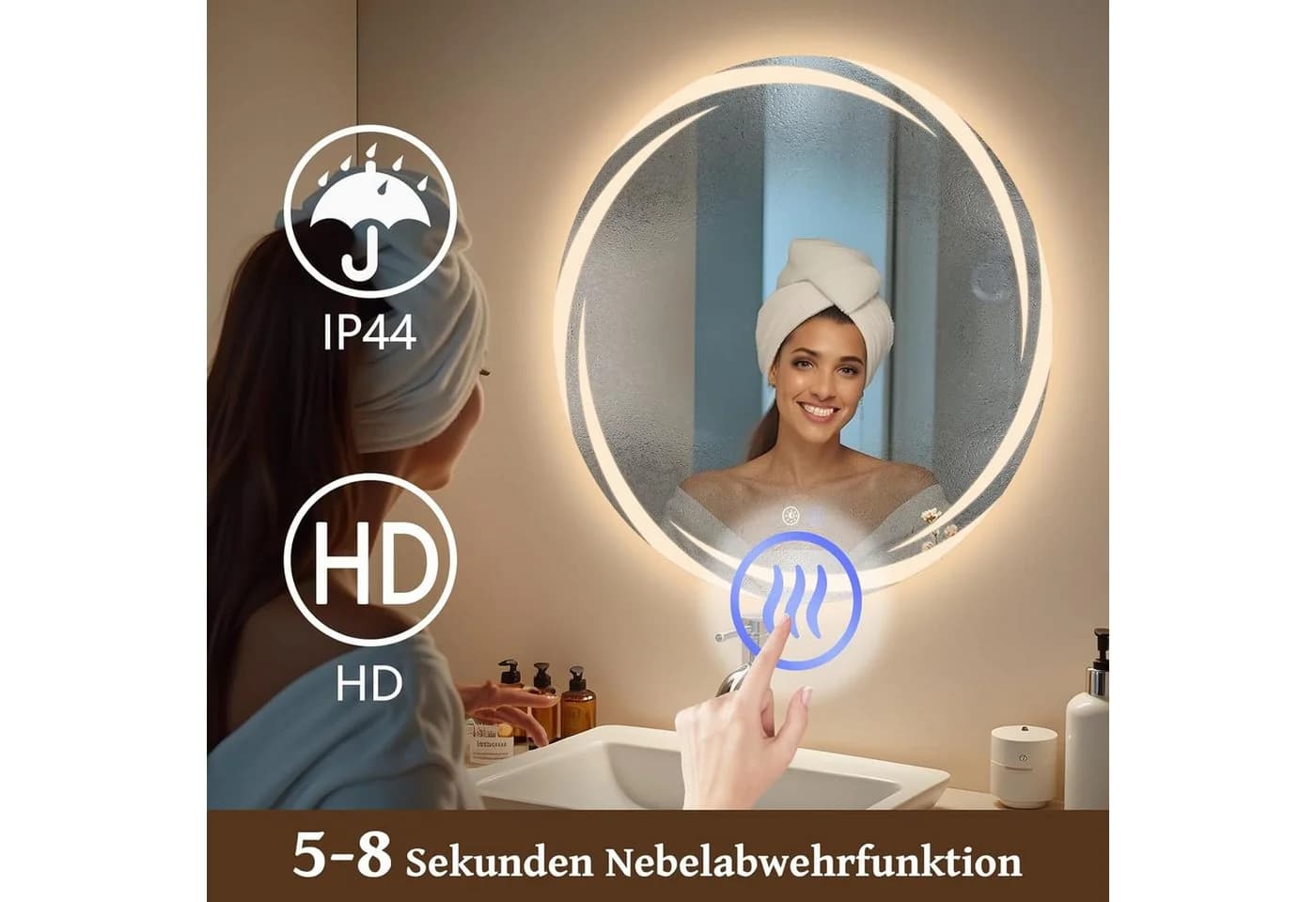 ZMH LED Badspiegel rund mit Beleuchtung, dimmbar, Anti-Beschlag - Bild 4