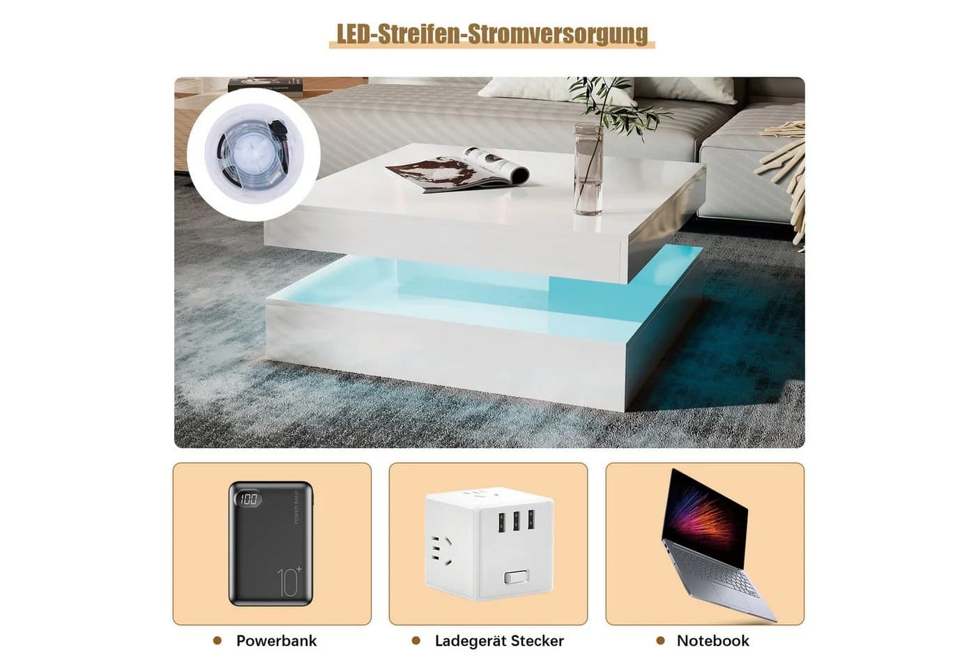 radelldar Couchtisch Wohnzimmertisch Hochglanz mit Beleuchtung & Fernsteuerung, USB - Bild 5