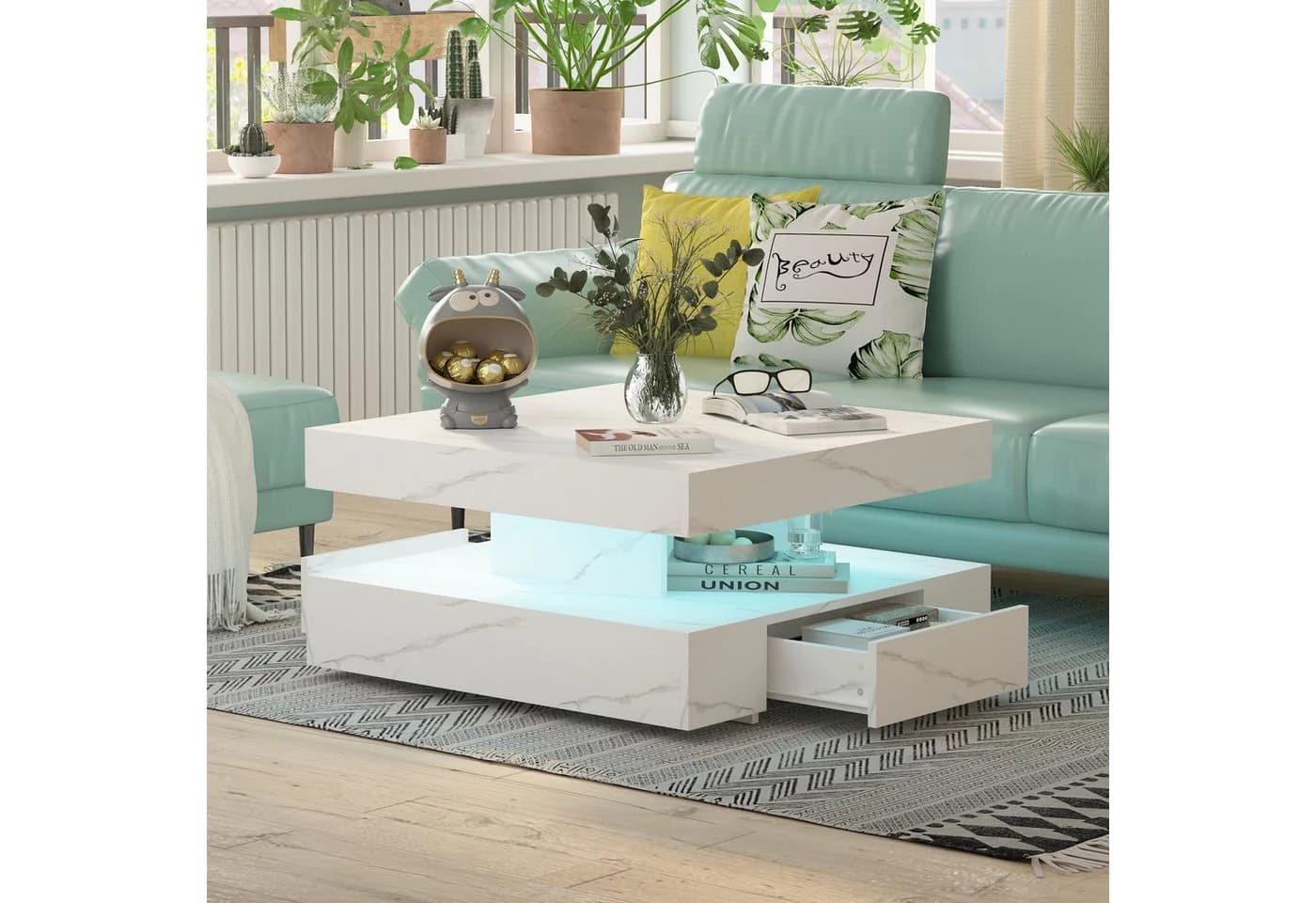 radelldar Couchtisch mit 2 Schubladen, LED & Fernsteuerung matt 78x78x40cm - Bild 3