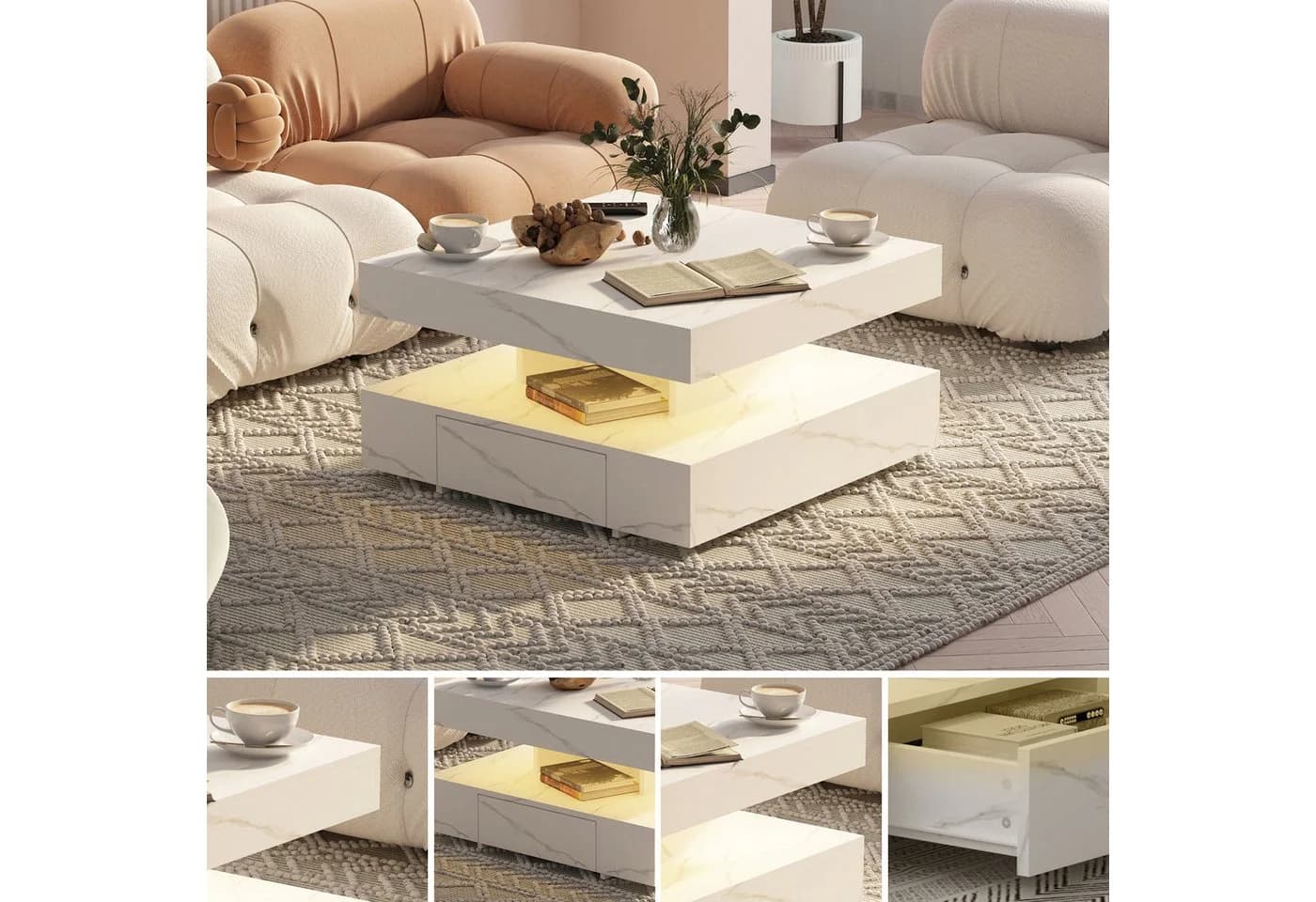 radelldar Couchtisch mit 2 Schubladen, LED & Fernsteuerung matt 78x78x40cm - Bild 5