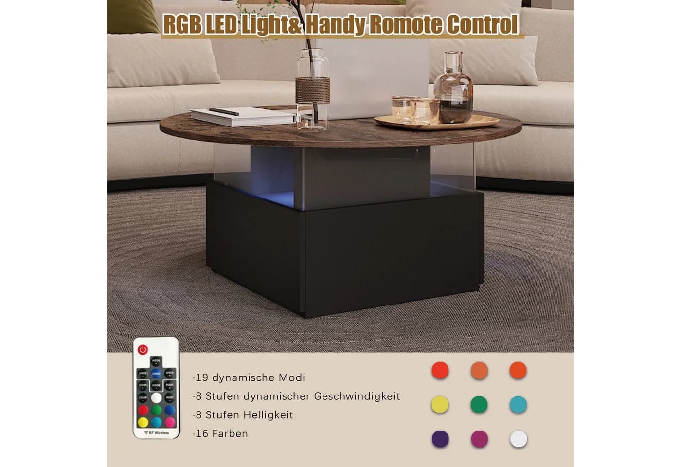 radelldar Couchtisch mit LED-Beleuchtung und 2 Schubladen, Wohnzimmertisch 80x40cm - Bild 5