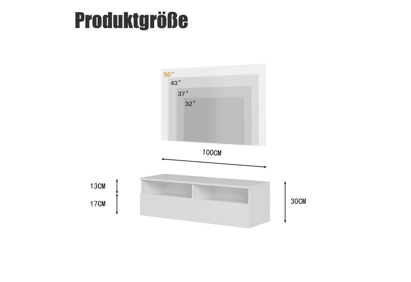 radelldar Lowboard mit LED-Beleuchtung, TV-Schrank, hängend 100 cm breit, griffloses TV-Board, 2 Schubladen mit Acryl - Bild 1
