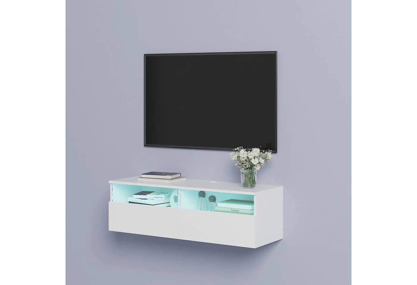 radelldar Lowboard mit LED-Beleuchtung, TV-Schrank, hängend 100 cm breit, griffloses TV-Board, 2 Schubladen mit Acryl - Bild 3