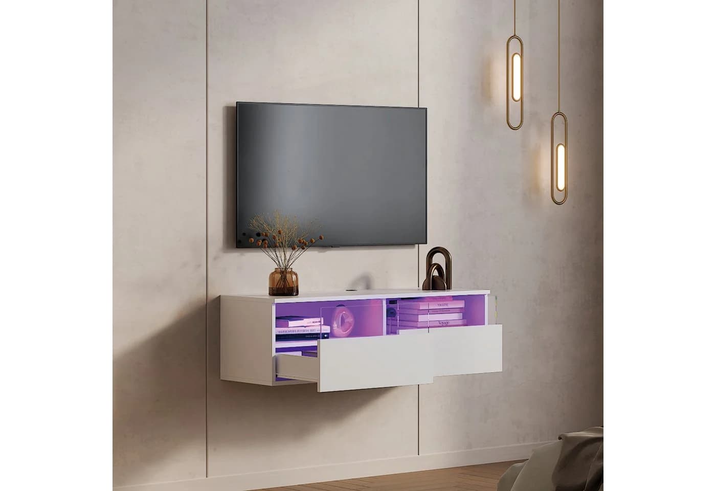 radelldar Lowboard mit LED-Beleuchtung, TV-Schrank, hängend 100 cm breit, griffloses TV-Board, 2 Schubladen mit Acryl - Bild 5